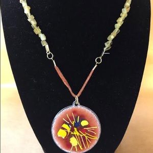 round enamel pendant coral pnk w/yellow/red/frit